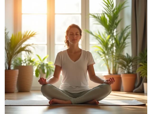 Una persona sonriendo, relajada, haciendo yoga o meditación en un espacio moderno y sereno que incorpora elementos naturales.