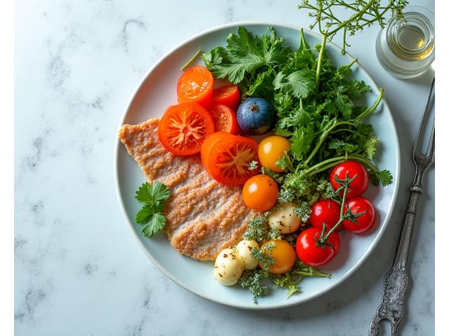 Un plato de comida méditerranea colorida y saludable, con un reloj sutilmente integrado para representar el ayuno intermitente.