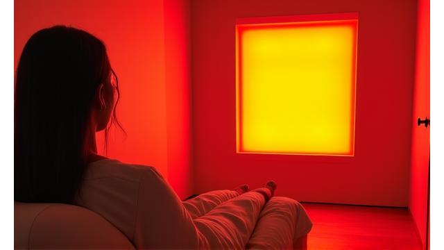 Una persona recibiendo terapia de luz roja en un entorno clínico moderno y relajado.