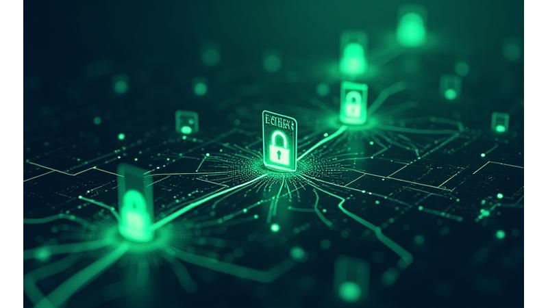 Infografía de flujo de datos seguro y encriptado, destacando nodos de protección, cumplimiento RGPD y un icono de candado, con predominio de tonos verdes y azules.