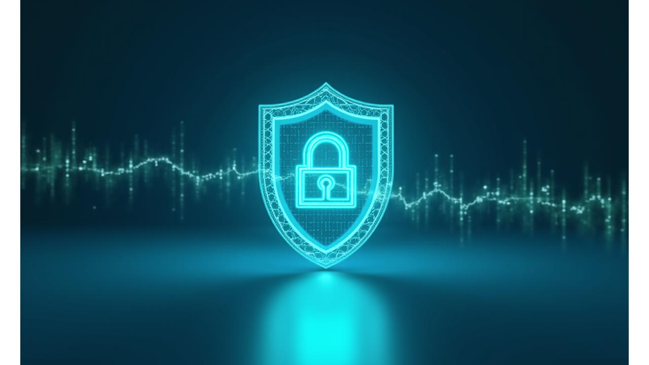 Escudo digital estilizado que representa la protección de datos y la privacidad con elementos de seguridad y un brillo suave, en tonos verdes y azules