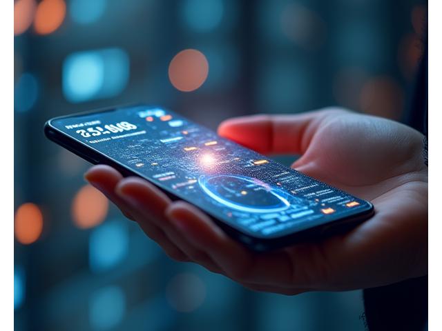 Mano sosteniendo un smartphone mostrando una interfaz de IA de bienestar con gráficos y datos de salud predictivos, sobre un fondo tecnológico moderno.