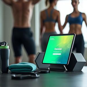 Iconos de apps de fitness como Nike Training y Peloton en una pantalla de tablet con pesas y una botella de agua.