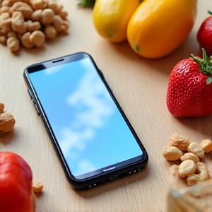 Iconos de apps de nutrición MyFitnessPal y Cronometer con alimentos frescos y un teléfono en el fondo.