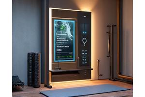 Gimnasio en casa moderno con un espejo inteligente de fitness y otros equipos tecnológicos.