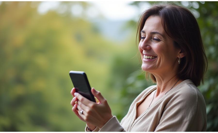 Persona sonriente desintoxicándose digitalmente, dejando de lado un smartphone para disfrutar de la naturaleza, simbolizando el equilibrio tecnológico.