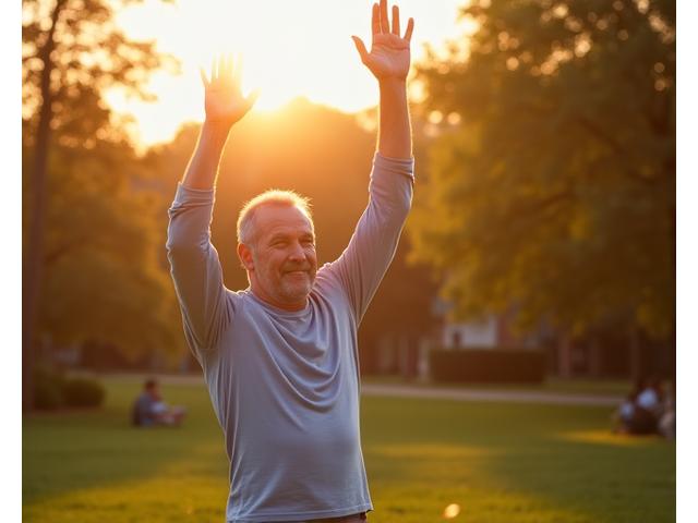 Hombre adulto haciendo ejercicio moderado en un parque, con un enfoque en el movimiento funcional