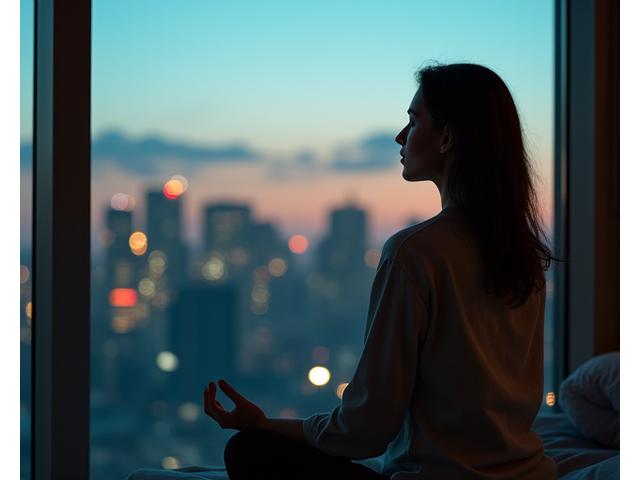 Una persona practicando meditación en un entorno urbano tranquilo, simbolizando manejo del estrés y mindfulness