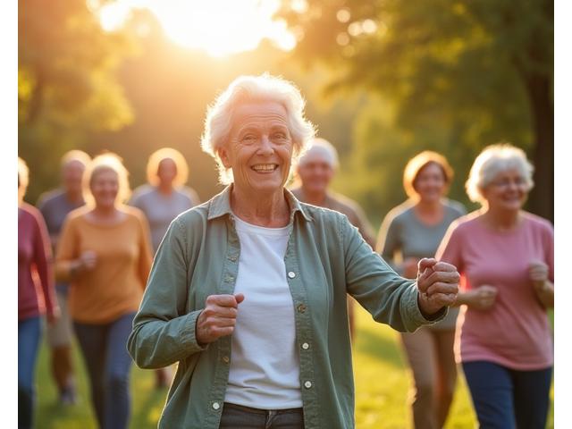 Persona mayor activa y sonriente en un entorno natural, representando longevidad y bienestar