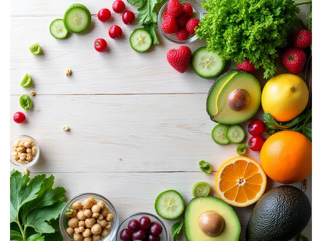 Alimentos frescos y saludables como aguacates y granadas, simbolizando nutrición inteligente