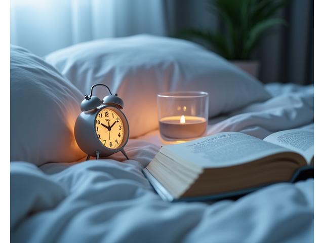 Reloj despertador junto a una manta suave y una taza, representando la optimización del sueño y su recuperación