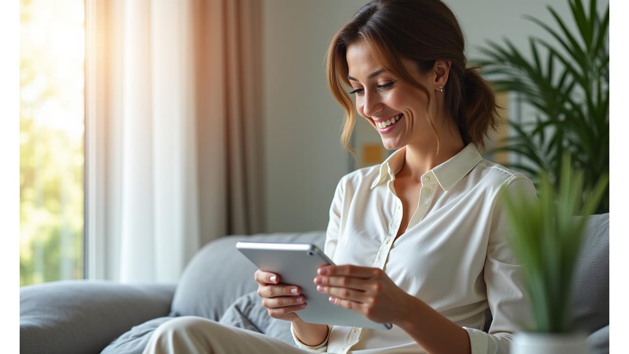 Mujer de 40 años leyendo un artículo sobre bienestar en una tablet con la luz de la mañana, simbolizando la atención plena y el conocimiento