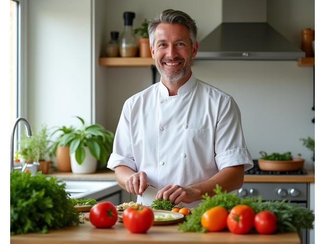 Hombre adulto cocinando con vegetales frescos un plato saludable