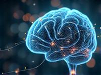 Imagen de un cerebro humano rodeado de ondas de pensamiento, representando el envejecimiento cerebral