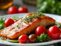Primer plano de un plato de comida mediterránea vibrante y saludable con salmón y verduras frescas