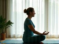 Persona de mediana edad estirándose en una esterilla de yoga con el sol de la mañana, simbolizando la flexibilidad y el bienestar articular
