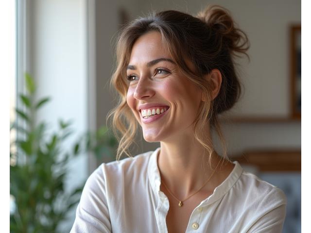 Mujer sonriendo felizmente después de una sesión de coaching, con un entrenador acompañandola