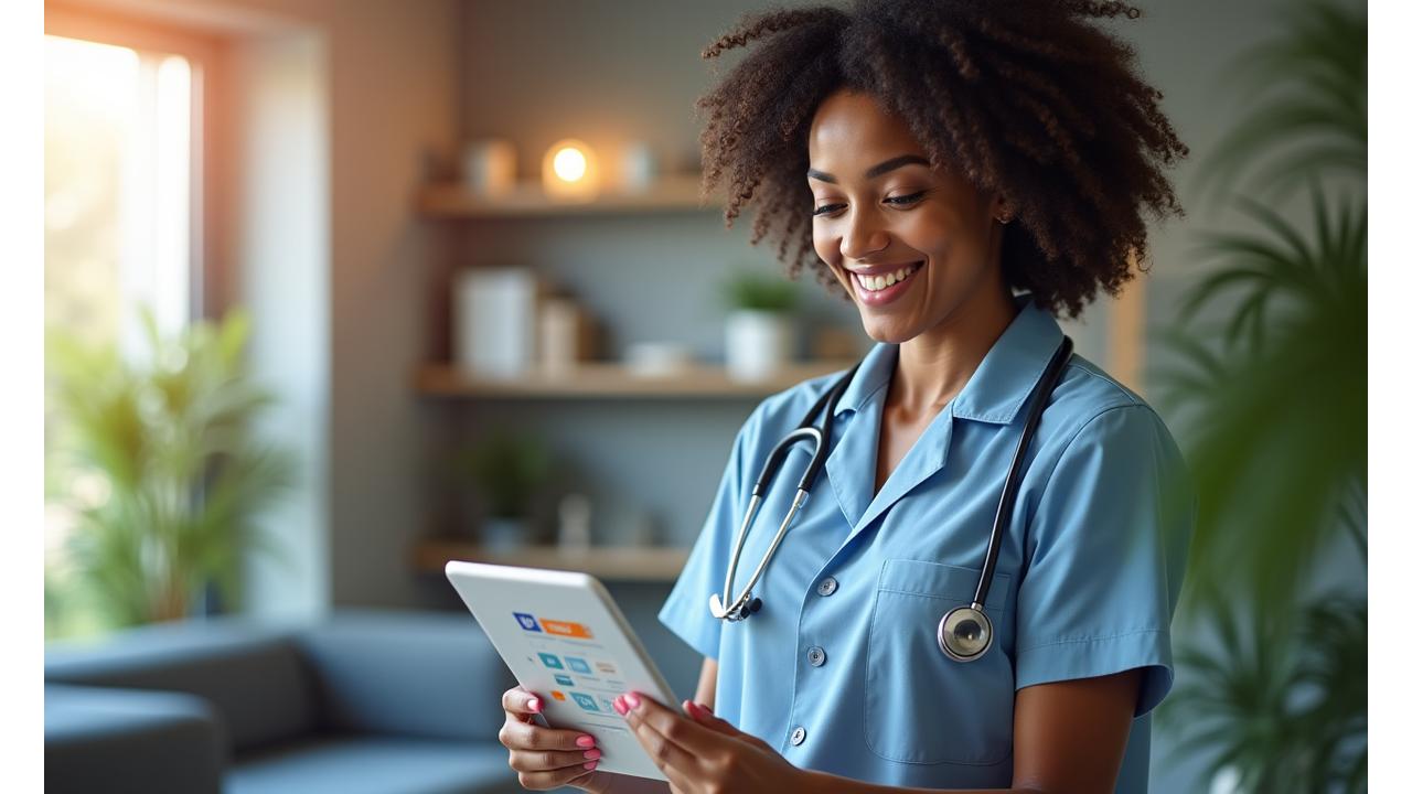 Un profesional de la salud sonriendo mientras consulta un tablet, representando la conexión experta y la tecnología de bienestar
