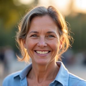 Retrato de Elena, una mujer sonriente de 50 años, en Madrid.