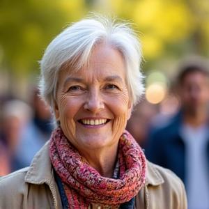 Retrato de Rosa, una mujer sonriente al aire libre, en Madrid.