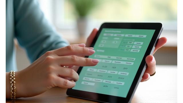 Mujer llenando cuestionario de evaluación integral de bienestar en tableta