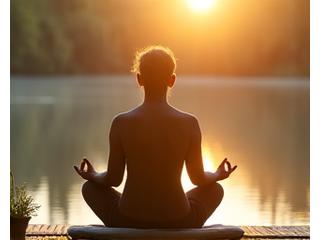 Persona meditando pacíficamente al aire libre, con el sol de la mañana iluminando un entorno natural sereno.