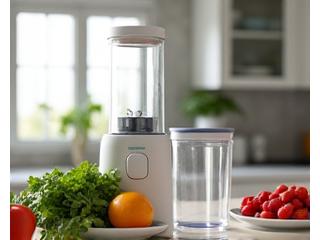 Dispositivos de cocina modernos y saludables, como una batidora de alta velocidad y un dispensador de agua filtrada, en una encimera de cocina limpia.