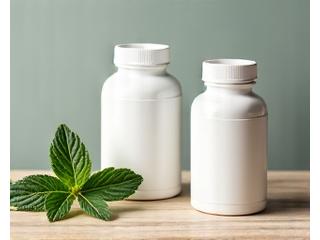 Frascos de suplementos vitamínicos con etiquetas limpias y hojas verdes, sugiriendo naturalidad.