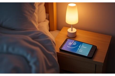 Dispositivo de sueño compacto y minimalista junto a una mesilla de noche, emitiendo una luz tenue y relajante.