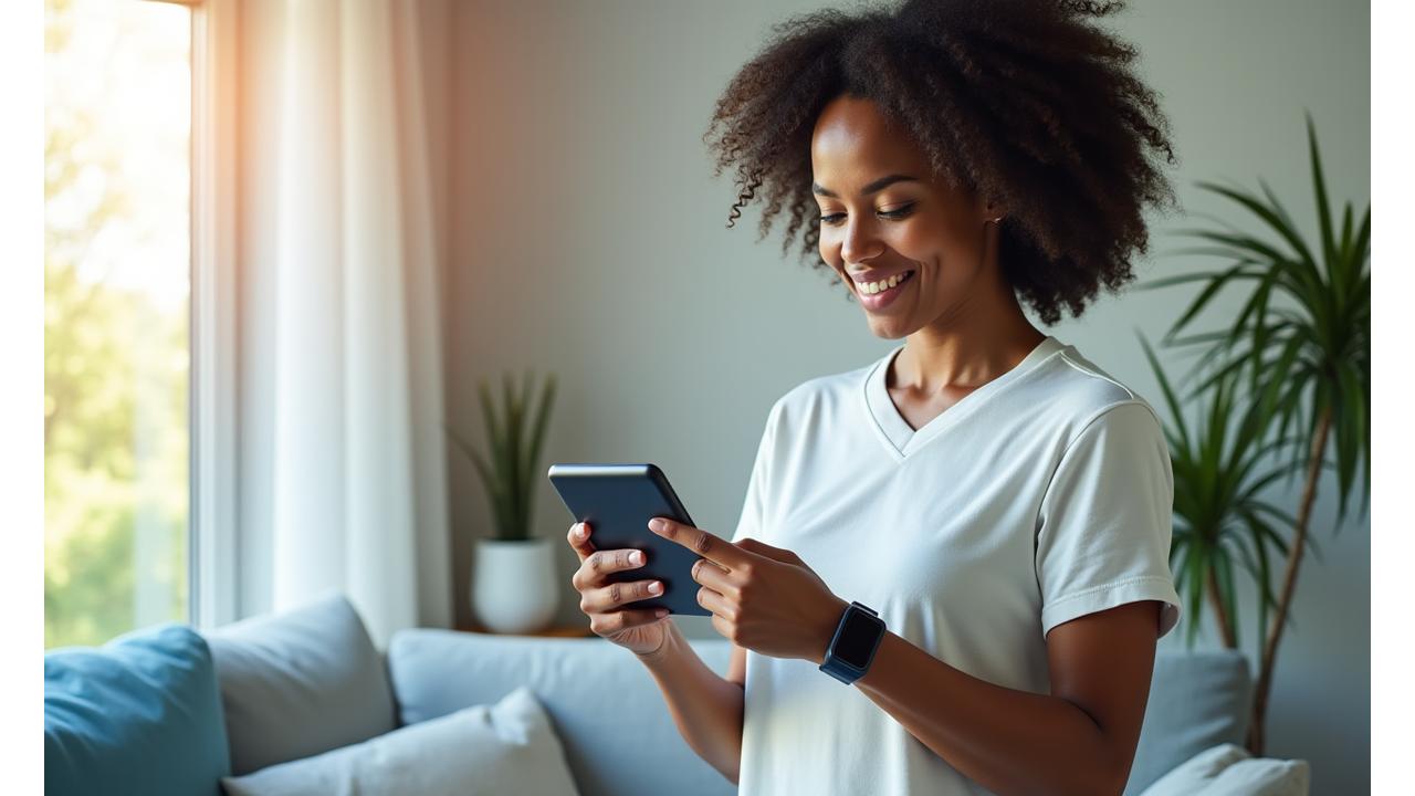 Persona de mediana edad interactuando con un dispositivo de bienestar inteligente que muestra datos de salud, con un aura de paz y tecnología moderna y pulcra.
