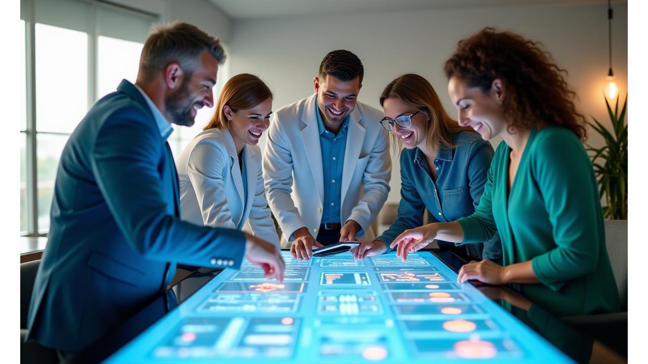 El equipo fundador de Vida Serena Bienestar trabajando en un espacio colaborativo moderno, simbolizando la unión de tecnología y bienestar.